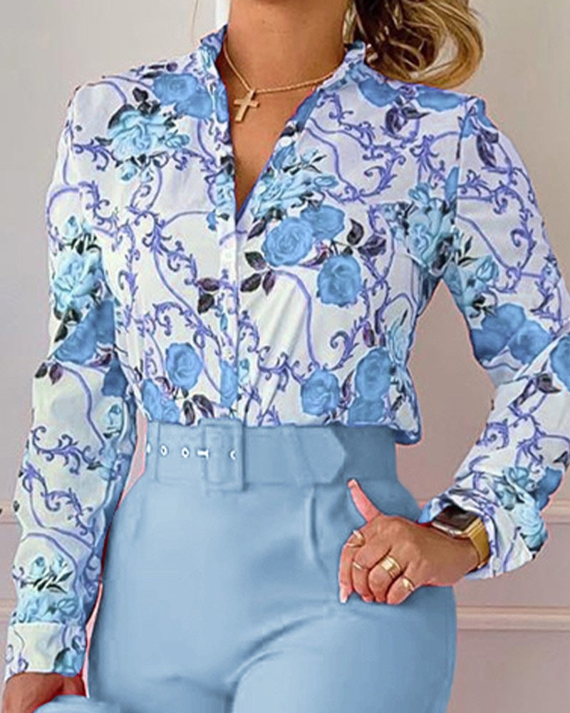 NEW Printed Long-sleeved Top Solid Color Pants Suit With Belt