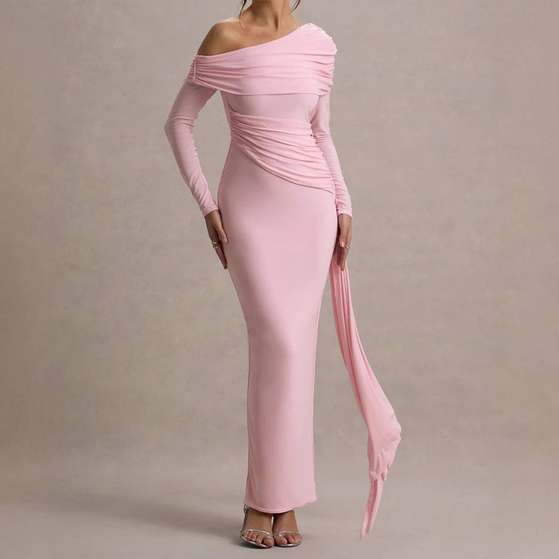 NEW Women's Elegant One-Shoulder Ruffle Dress, Long Sleeve Bodycon Gown With Flowing Ribbon For Spring And Fall