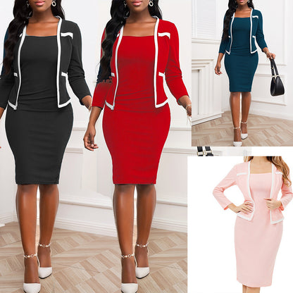 NEW European And American Three-quarter Sleeve Fake 2 Pieces Stitching Professional Hip Bag Dress