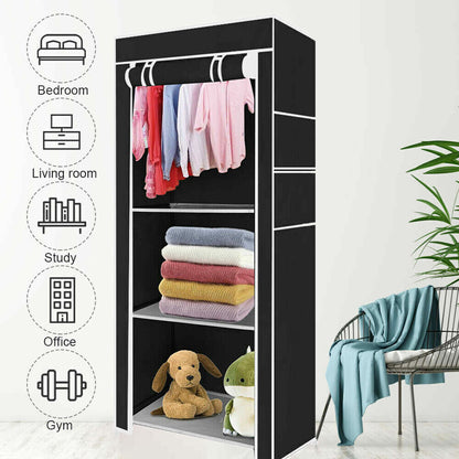 PRACTICAL FABRIC CANVAS WARDROBE HANGING RAIL SHELVING CLOTHES STORAGE CUPBOARD