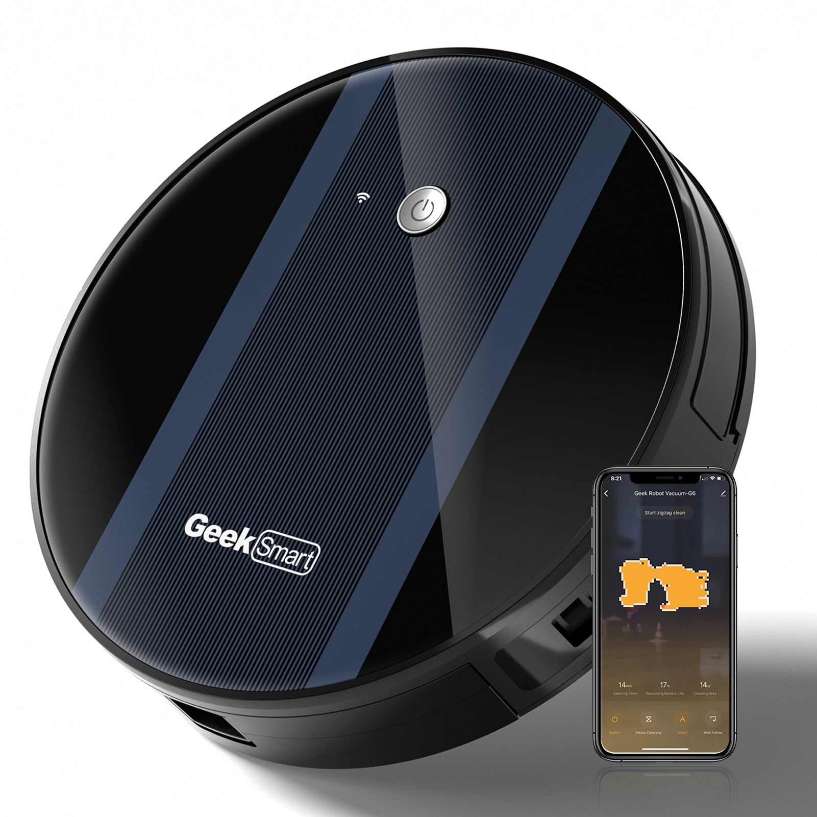 Geek Smart black robot vacuum cleaner with Wi-Fi control shown alongside smartphone app