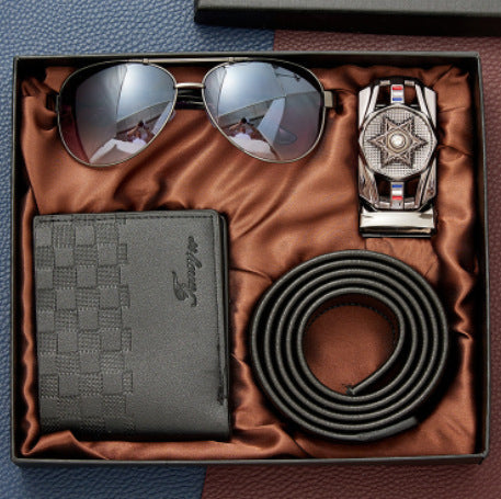 Men's gift set with aviator sunglasses, embossed black wallet, star buckle belt in brown satin box