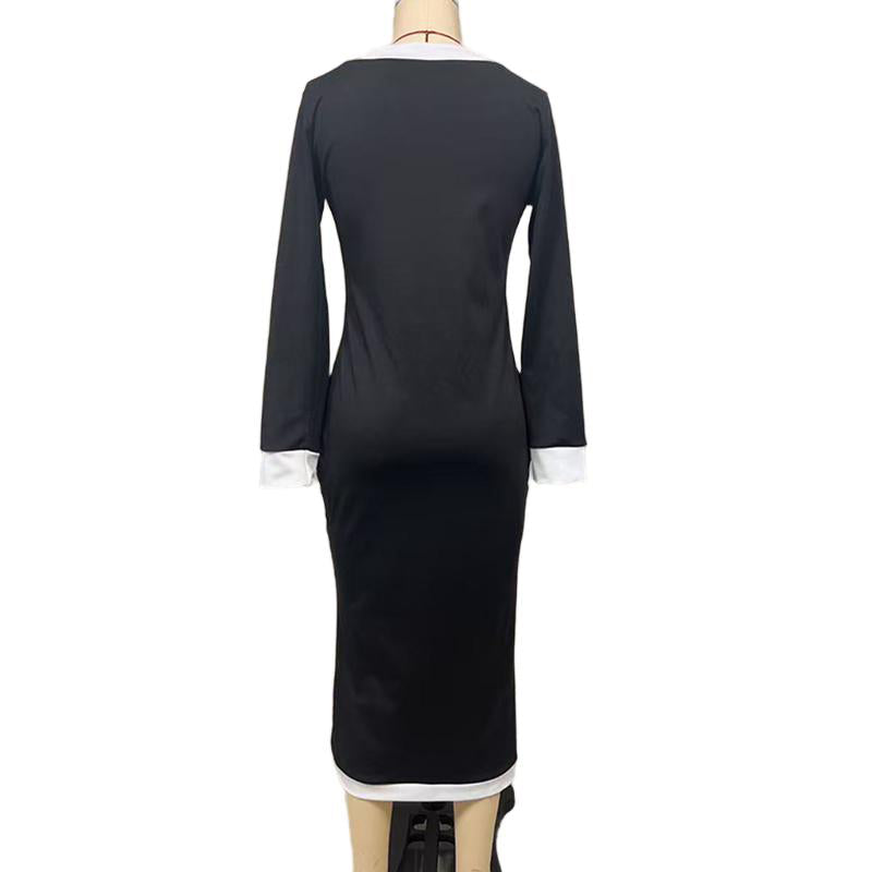 Women's Color Block Maxi Dress, V-Neck Long Sleeve Elegant Casual Dress