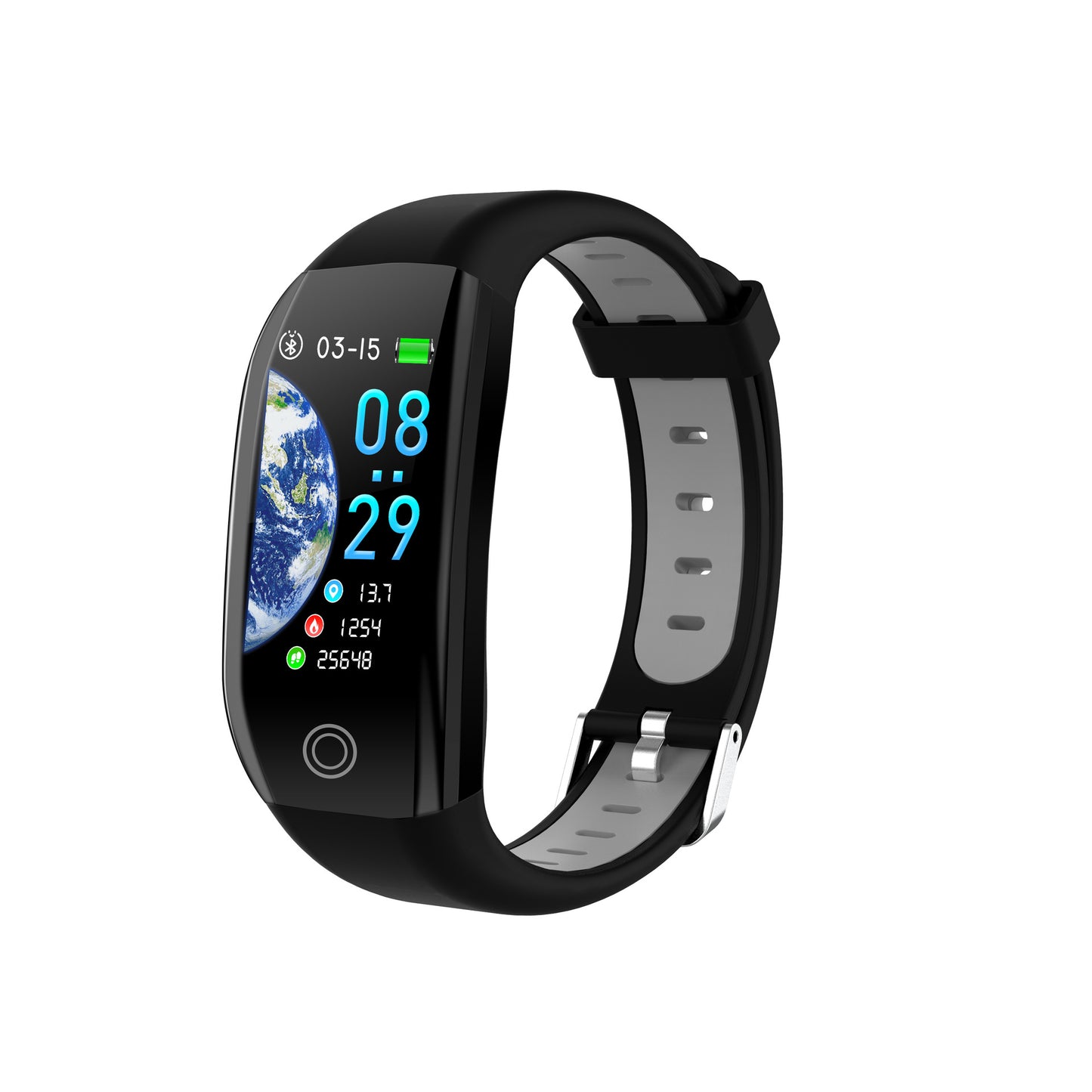 Black fitness tracker smartwatch with color display showing time, Earth image, and activity stats