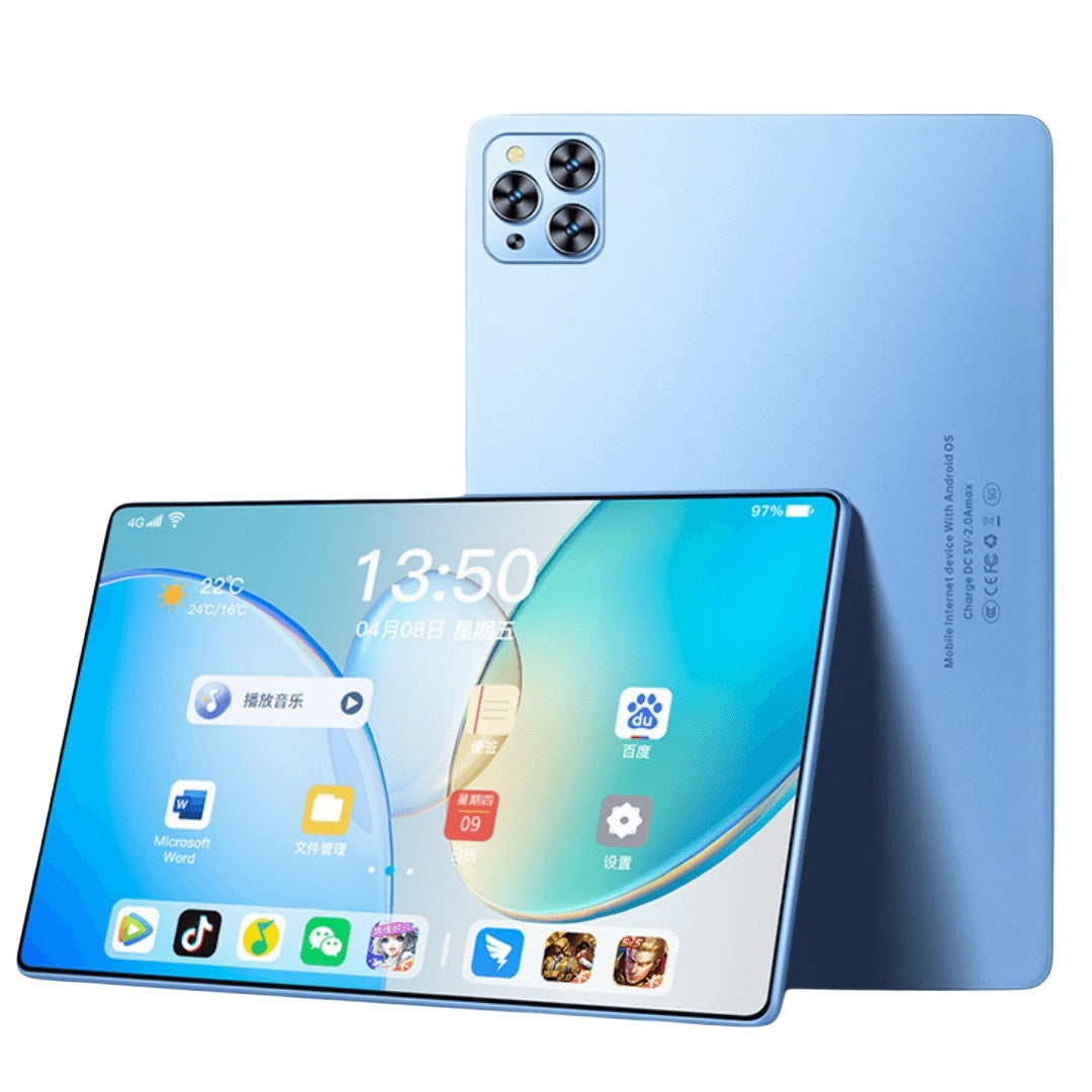 Blue Android tablet with quad cameras and full-screen display showing apps and weather