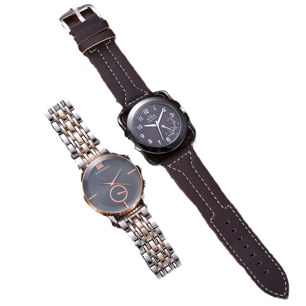 Two men's wristwatches side by side, one with a brown leather strap and black dial, the other with a silver and rose gold metal band and black face