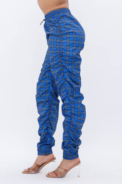 Plaid Print Wind Breaker Drawstring Shirring Jogger Pants