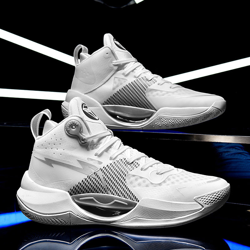 White high-top basketball sneakers with lightning bolt design and reflective sole on black background