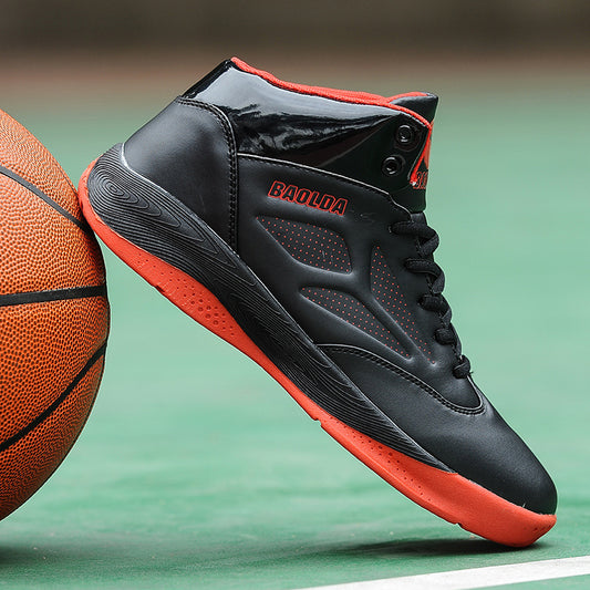 Black and red Baolda basketball shoe beside an orange basketball on green court