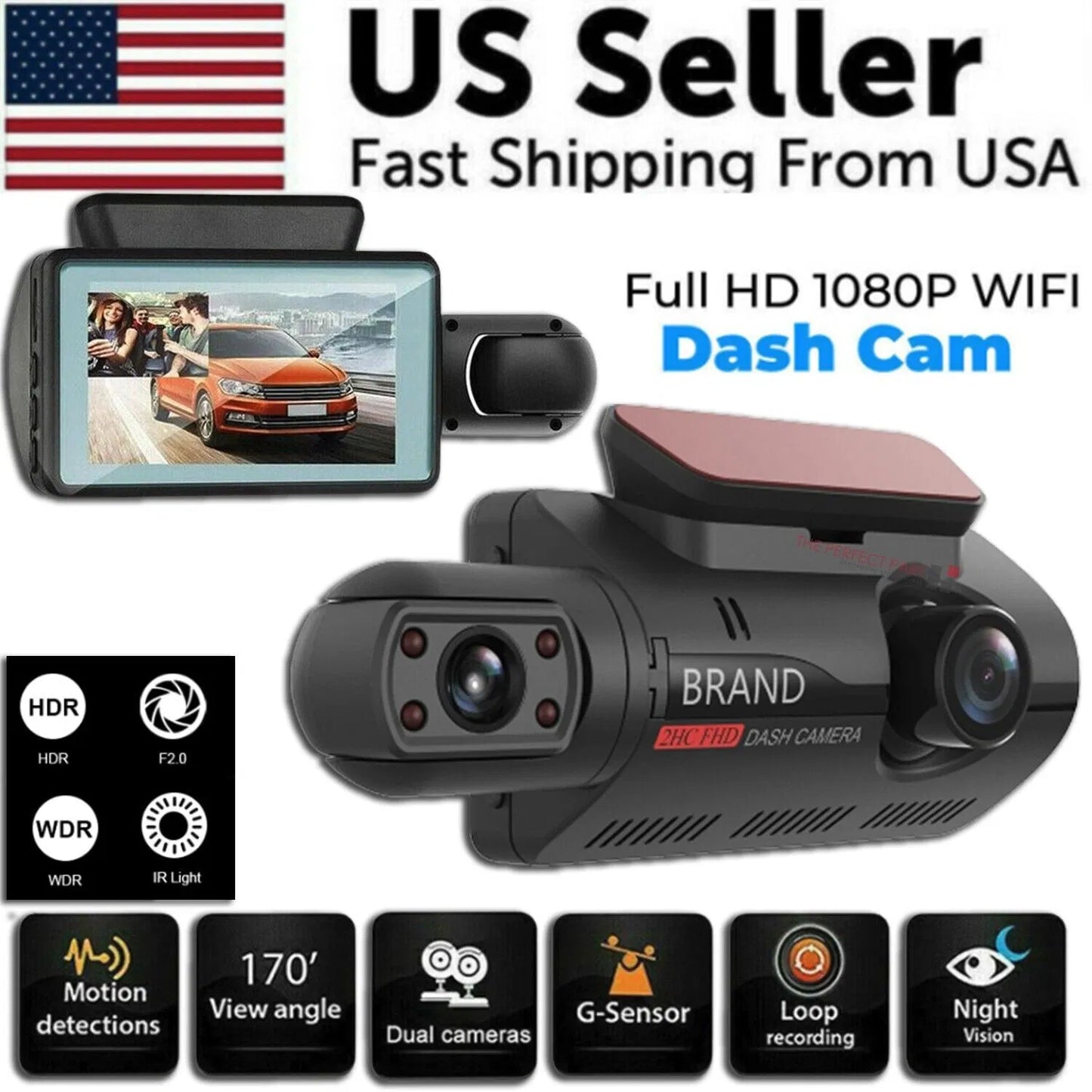 Full HD 1080P dual camera dash cam with 170° view angle, night vision, motion detection, and G-sensor