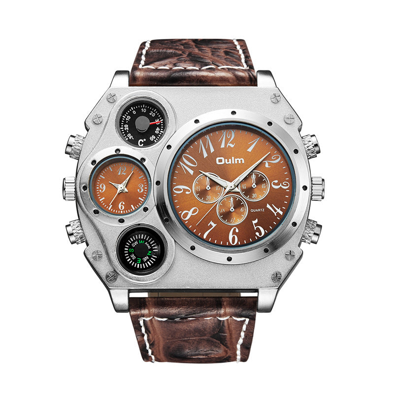 Oulm men's quartz wristwatch with dual time dials, thermometer, compass, and brown leather strap