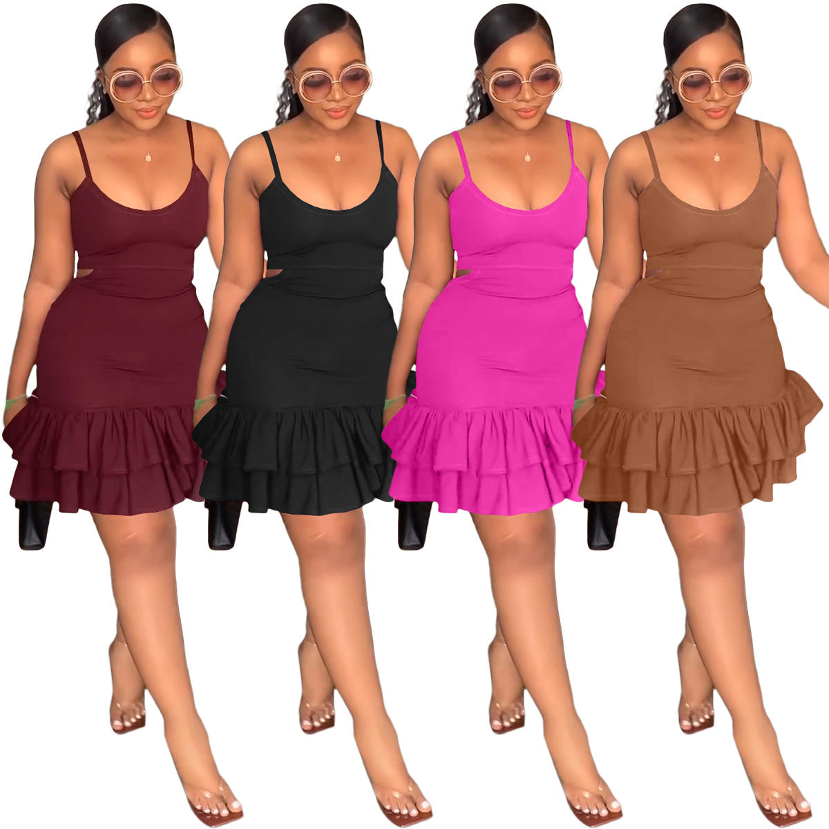 NEW Casual Fashion Halter Low-cut Ruffle Package Hip Dress