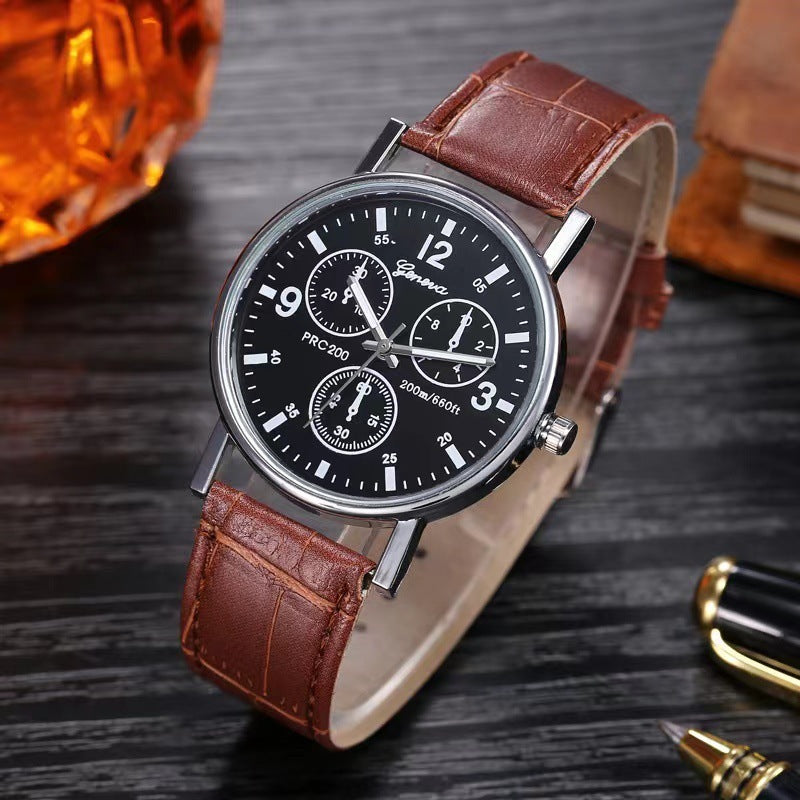 Classic wristwatch with black dial, brown leather strap, and silver case on dark wooden surface