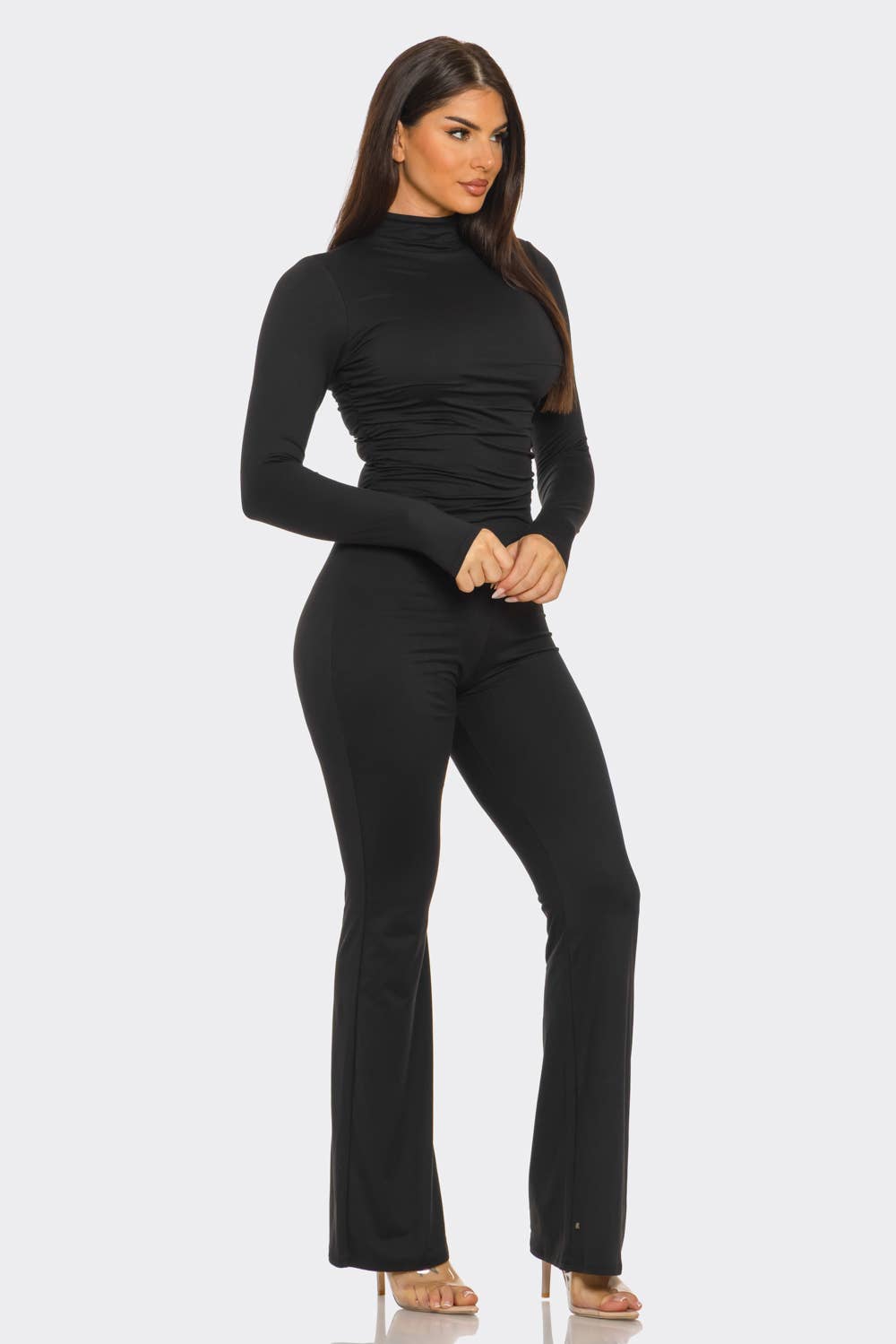 Mock Neck Shirring Top And Flare Leggings Set