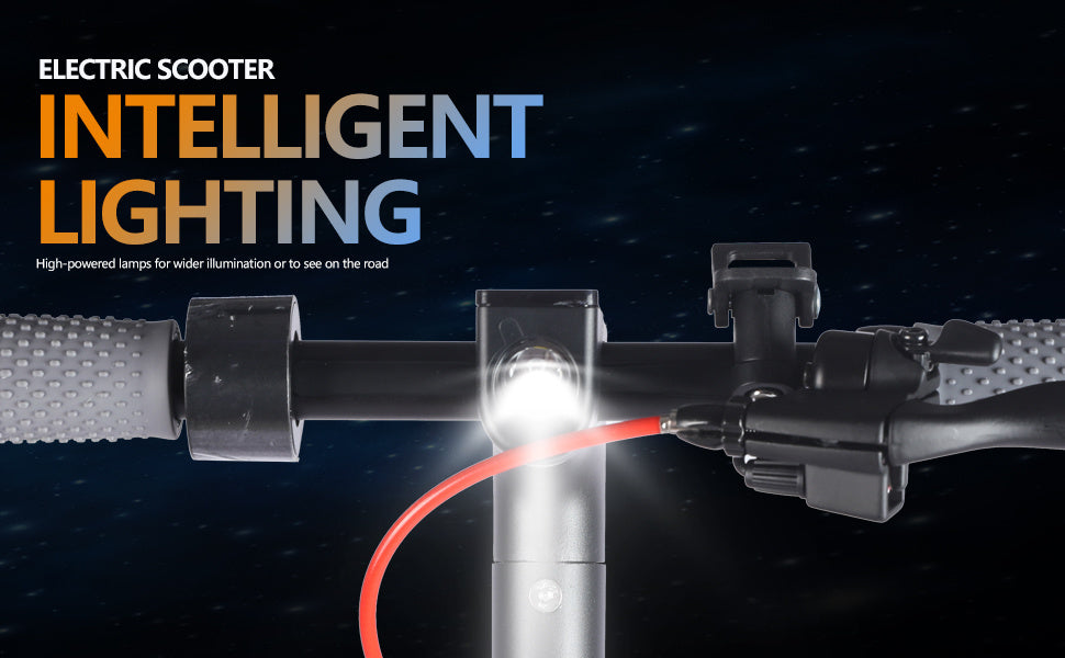 Electric scooter handlebars with intelligent lighting and glowing front lamp on dark background