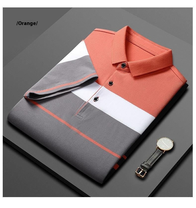 NEW Cotton Striped Stitching Polo Shirt Men&