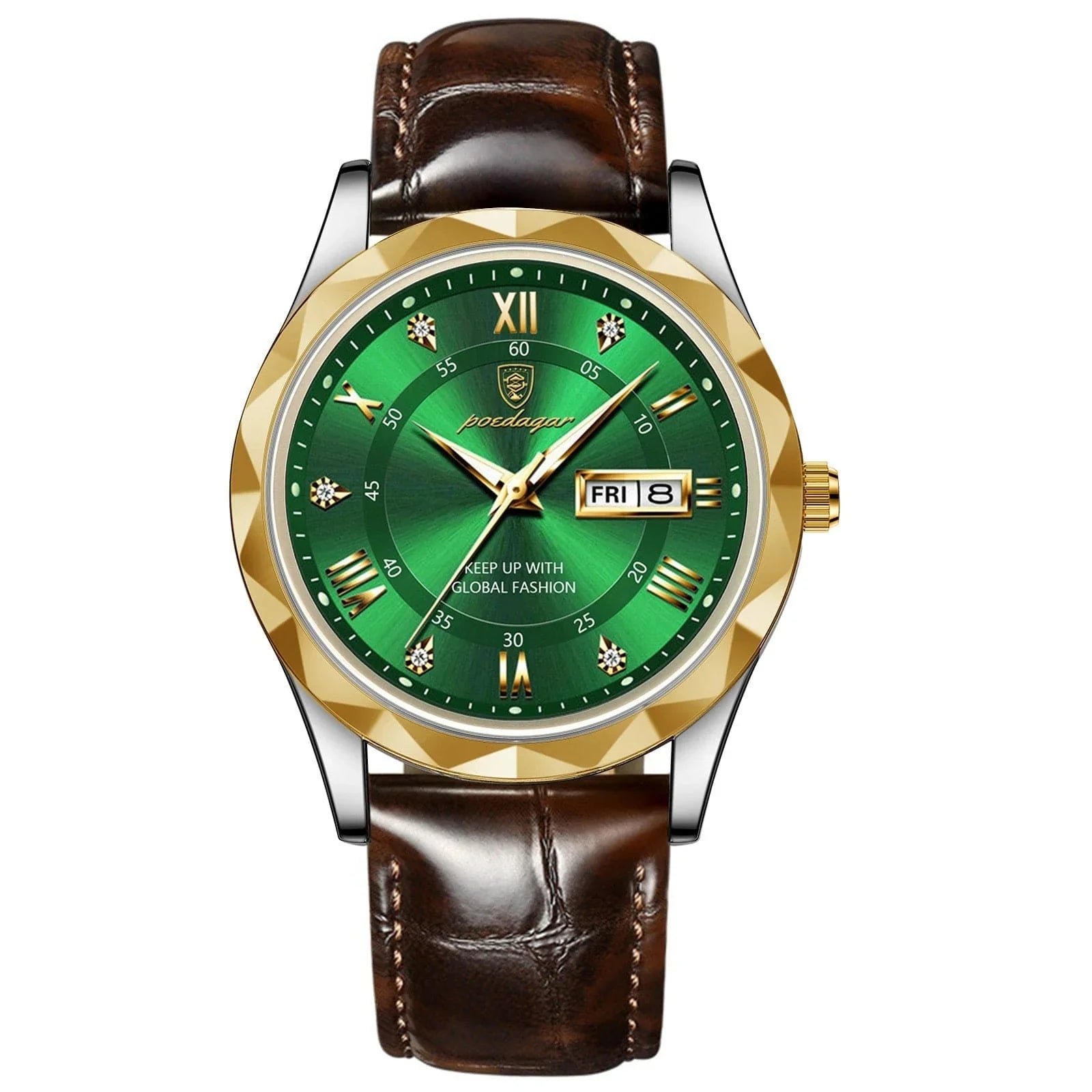 Men's luxury wristwatch with green dial, gold bezel, date display, and brown leather strap