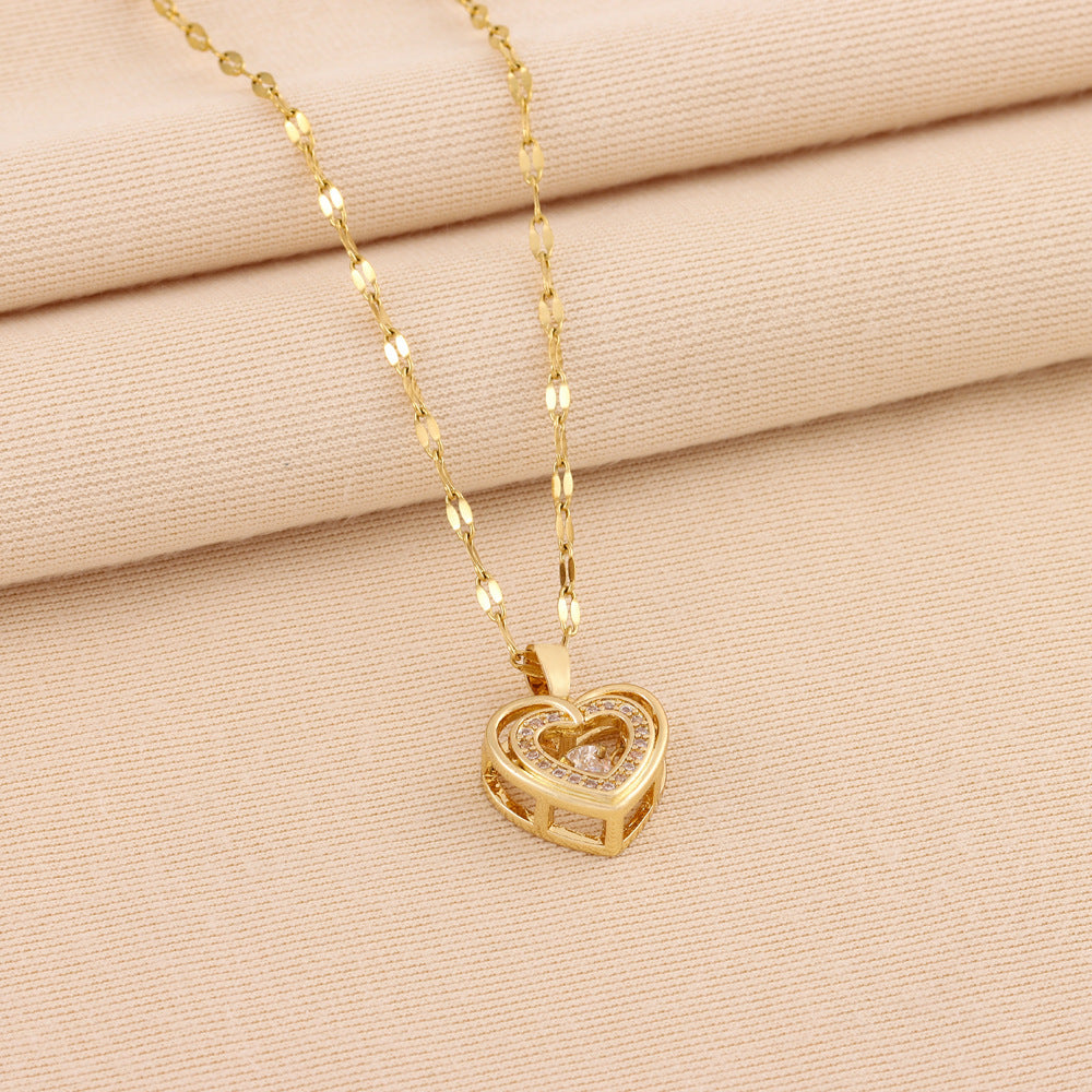 new Double-layer Love Necklace With Rhinestones Titanium Steel Pendant Fashion Jewelry Woman Valentines Day Gift