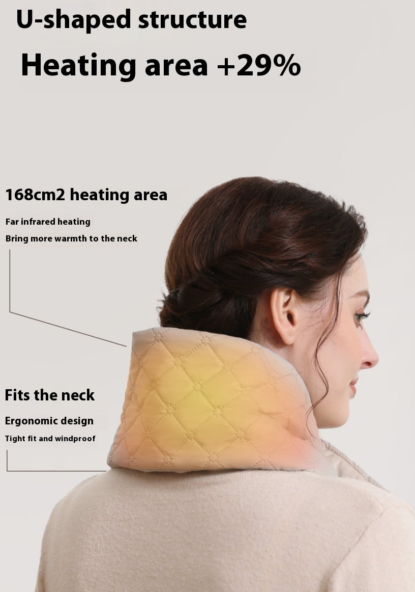 Woman wearing beige heated neck collar with U-shaped structure and 168cm2 infrared heating area