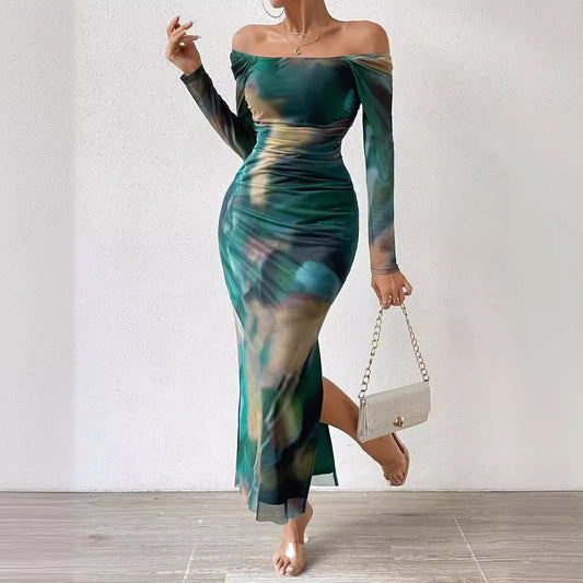Women’s Gradient Mesh Bodycon Maxi Dress – Luxe Split Evening Edition