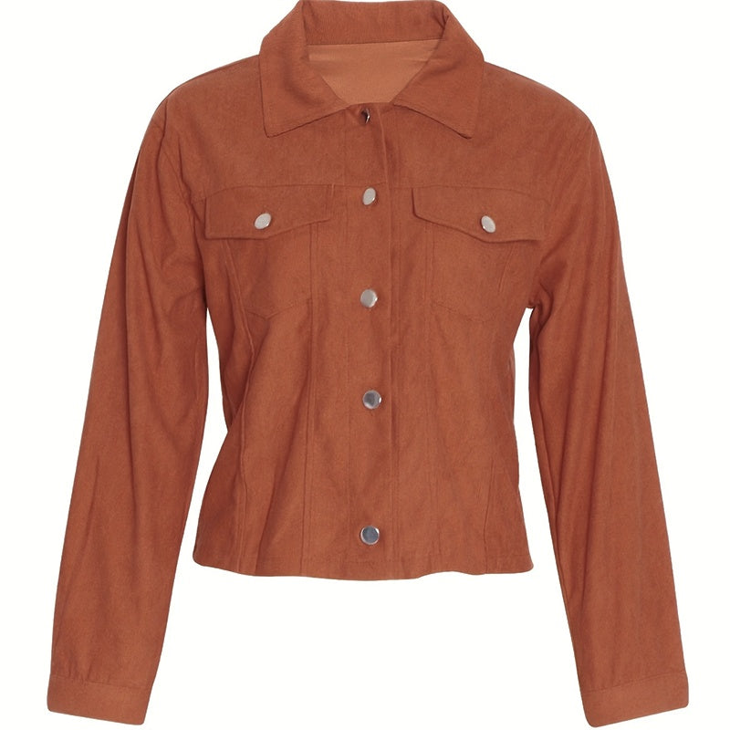 Rust brown suede button-up jacket with long sleeves and chest flap pockets