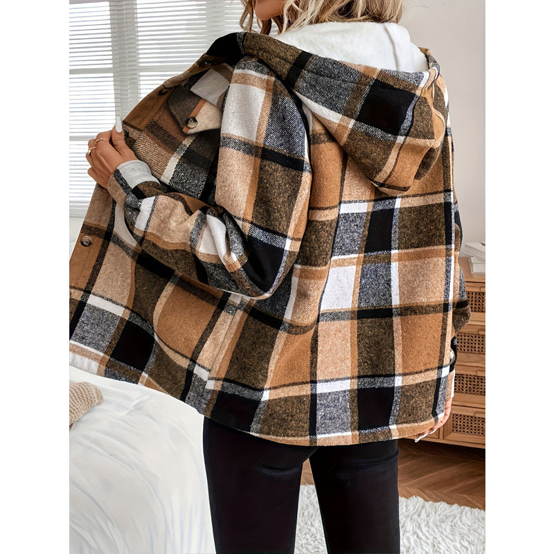 NEW Women's Plaid Fleece Lined Hooded Jacket Button Front Long Sleeve Coat With Pocket