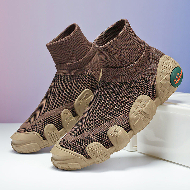 Brown high-top knit sock shoes with beige textured rubber soles and unique segmented design