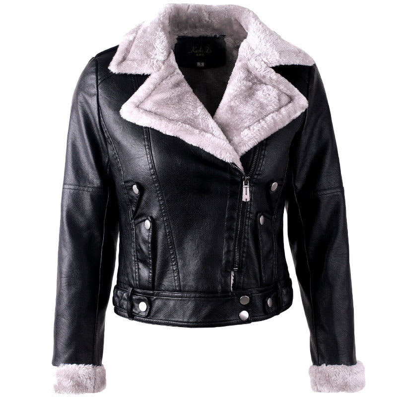 NEW Large Lapel Long Sleeves Plus Velvet Thick Leather Jacket Women