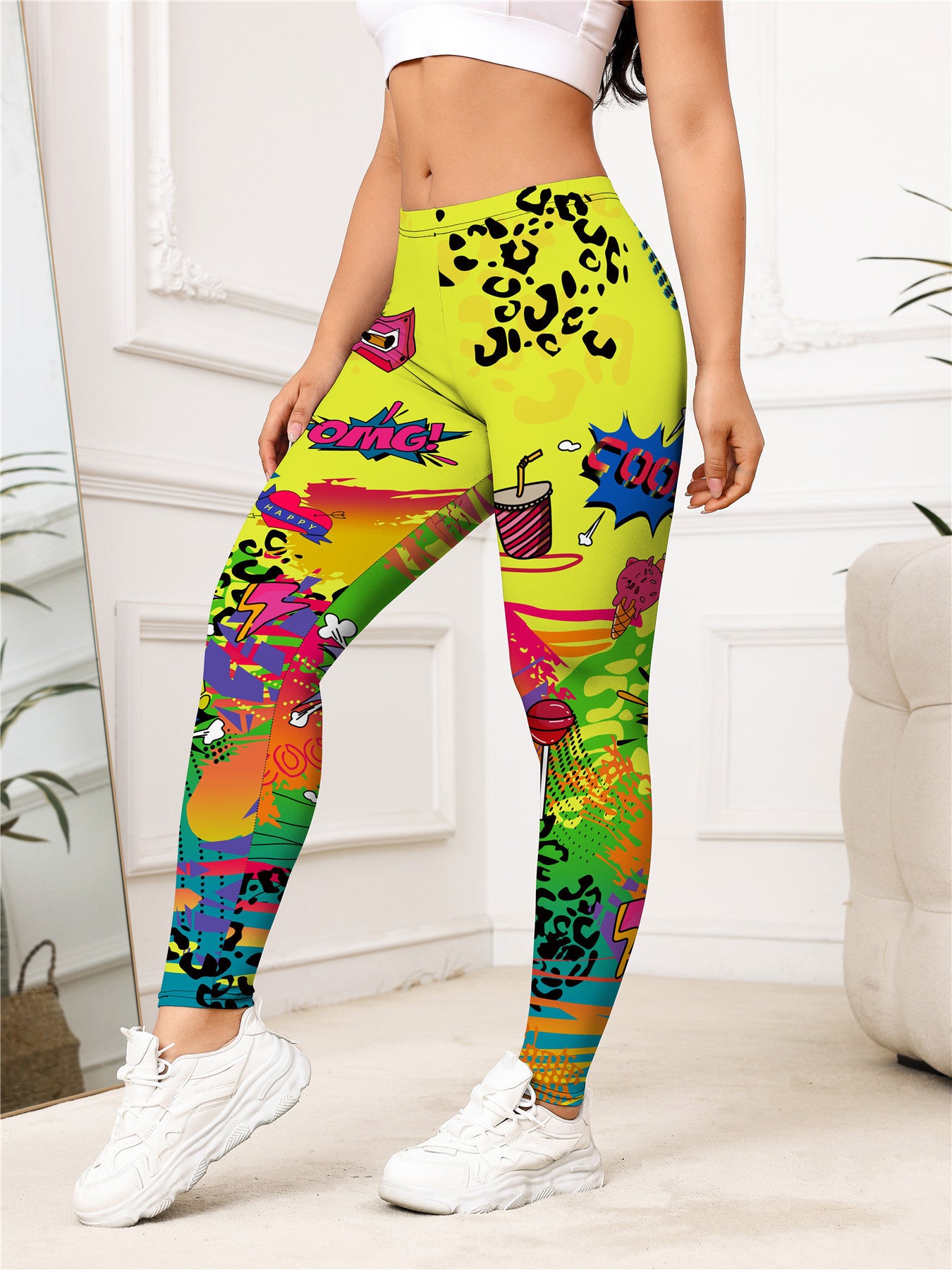 NEW Yellow Cartoon Printed Sports Slim-fitting Leggings