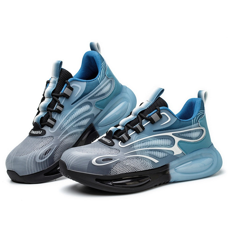 Pair of blue and gray modern athletic sneakers with black soles and breathable mesh design