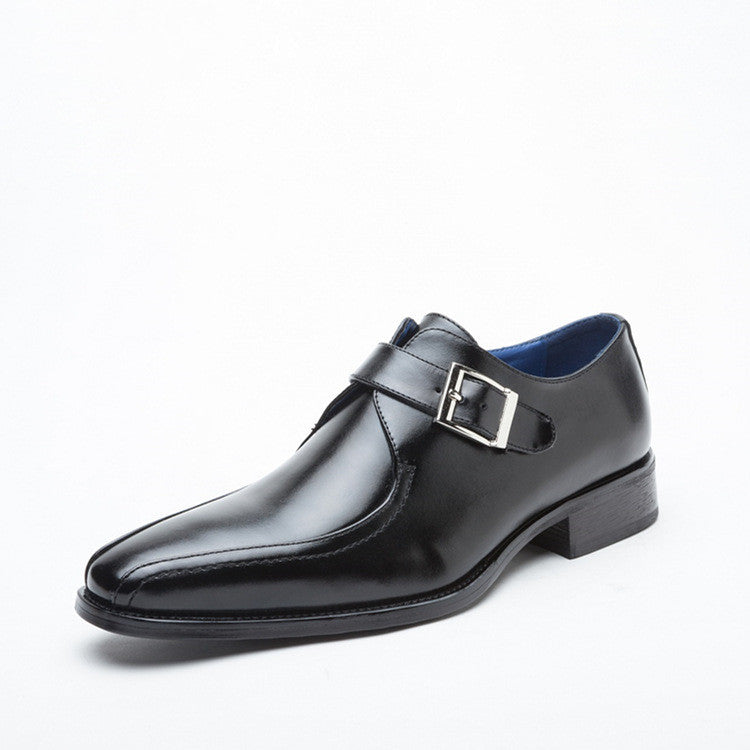 Black leather single monk strap dress shoe with silver buckle and blue interior lining