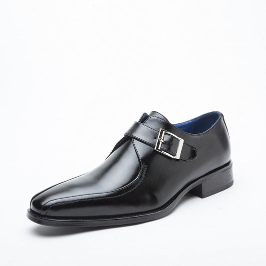 Black leather single monk strap dress shoe with silver buckle and blue interior lining