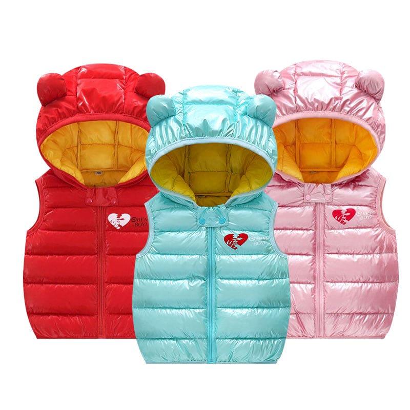 Three padded sleeveless hooded vests for toddlers in red, turquoise, and pink with bear ears and yellow interior lining