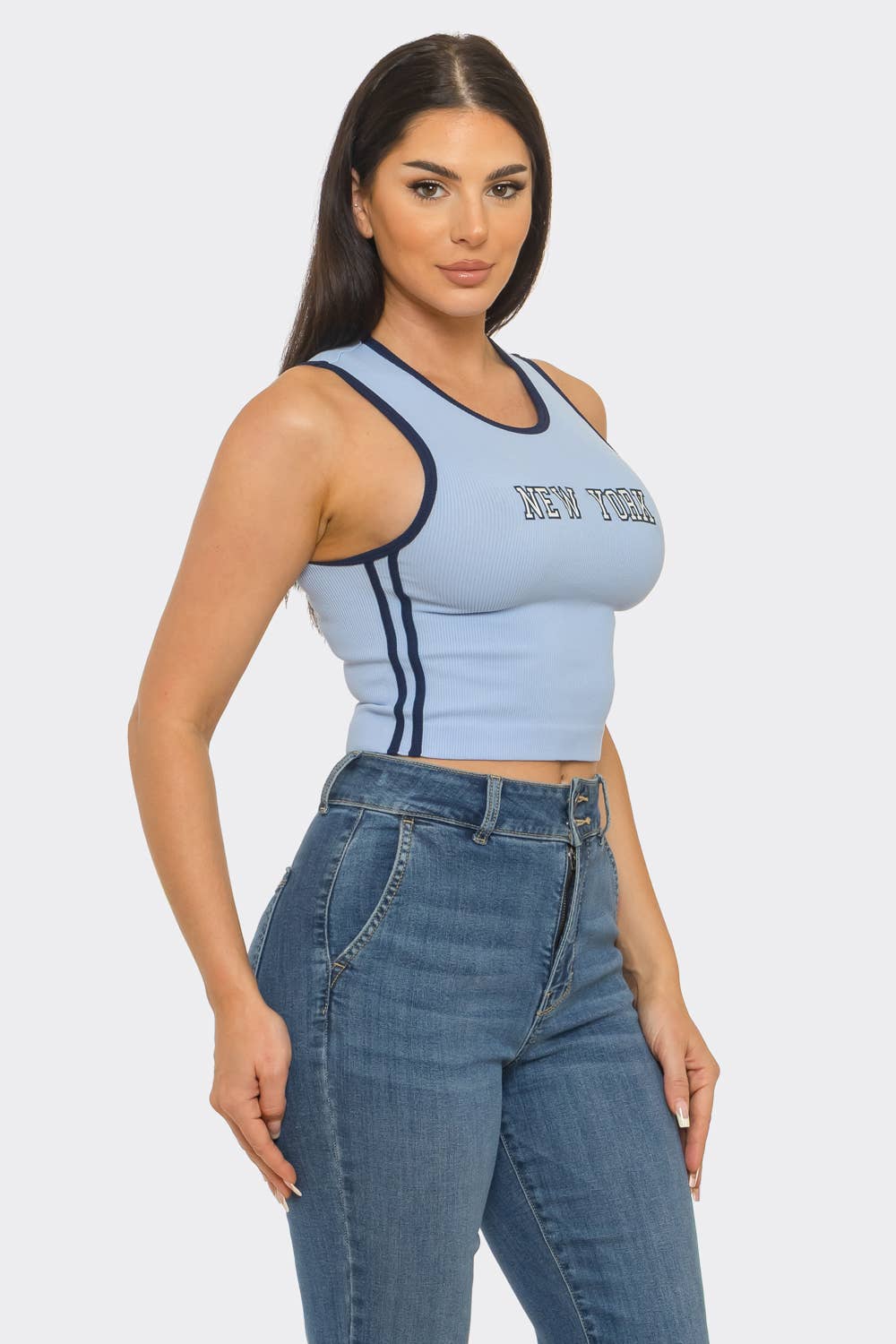 Seamless "New York" Screen Print Side Stripes Top