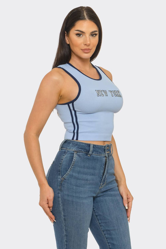 Seamless "New York" Screen Print Side Stripes Top