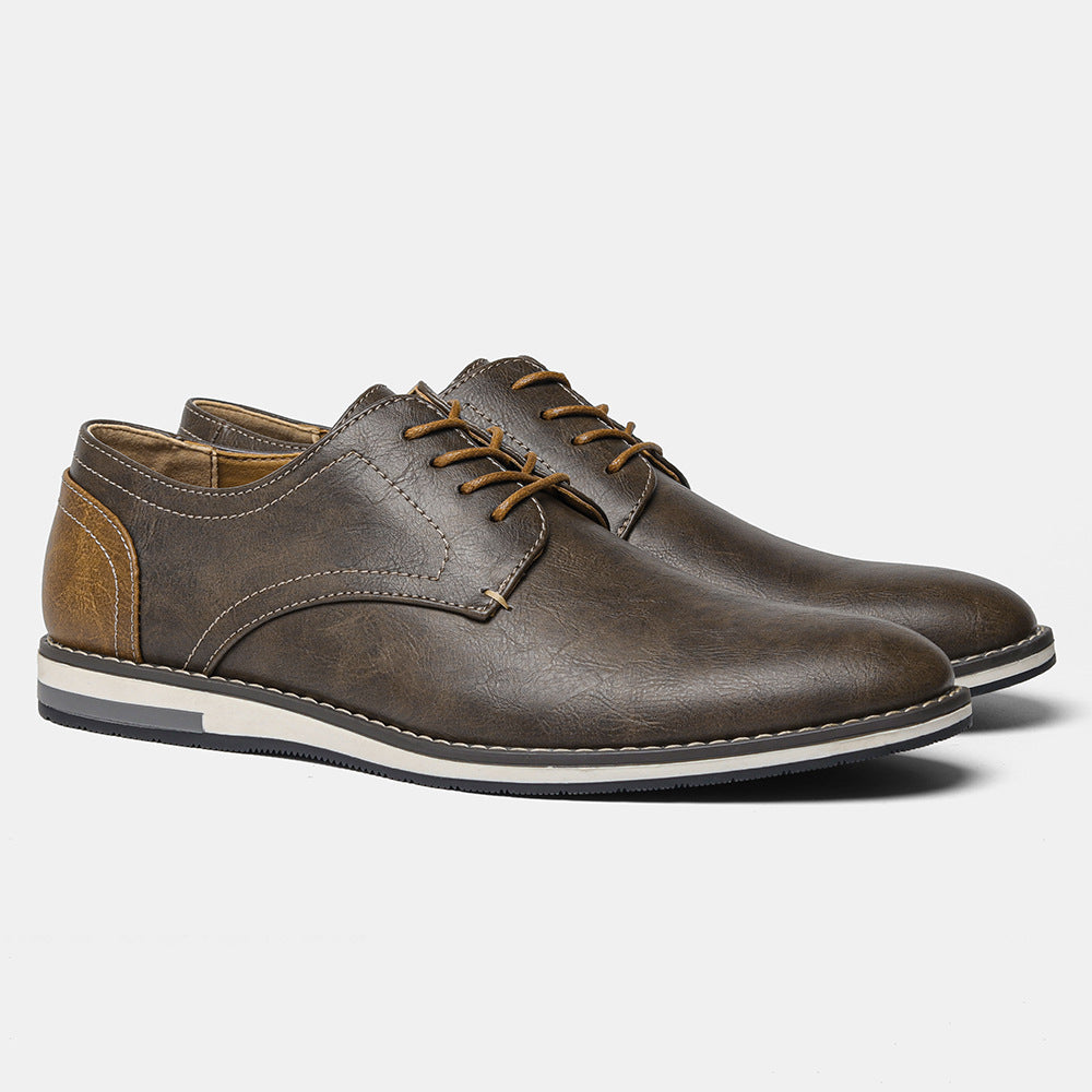 brown leather casual lace-up shoes with contrasting tan heel and white-striped sole