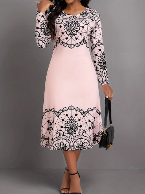 Woman wearing a pink midi dress with black floral lace patterns, holding a black handbag, black ankle-strap heels