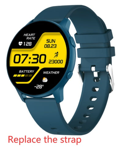 Blue smartwatch with round face displaying heart rate, time, date, steps, battery, and weather
