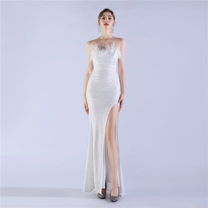 NEW Ostrich Feather Shrink Folding Wrinkle Craft Host High-end Evening Dress