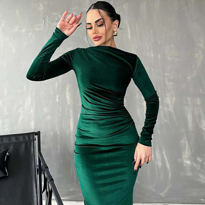 Women’s Elegant Korean Velvet Midi Dress – Long Sleeve Pullover Fall/Winter Party Outfit (S–L)