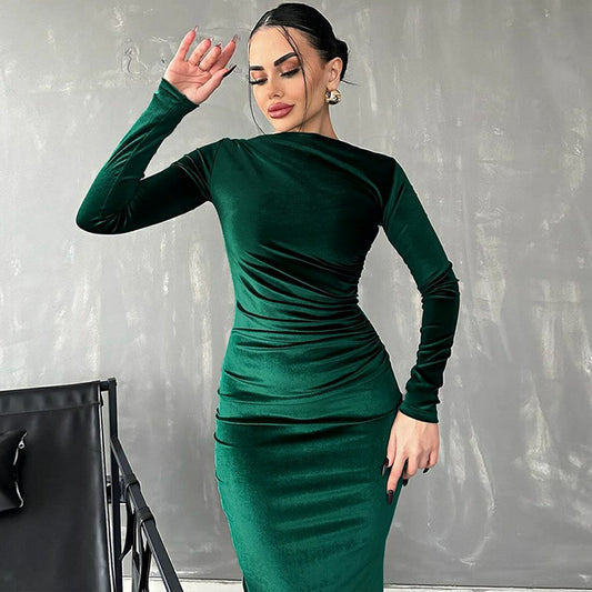 Women’s Elegant Korean Velvet Midi Dress – Long Sleeve Pullover Fall/Winter Party Outfit (S–L)