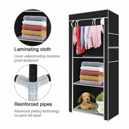 PRACTICAL FABRIC CANVAS WARDROBE HANGING RAIL SHELVING CLOTHES STORAGE CUPBOARD