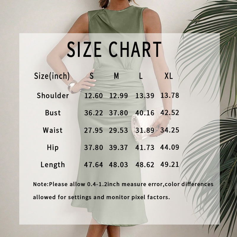 Size chart overlay on woman wearing green sleeveless midi dress, showing shoulder, bust, waist, hip and length measurements for S to XL
