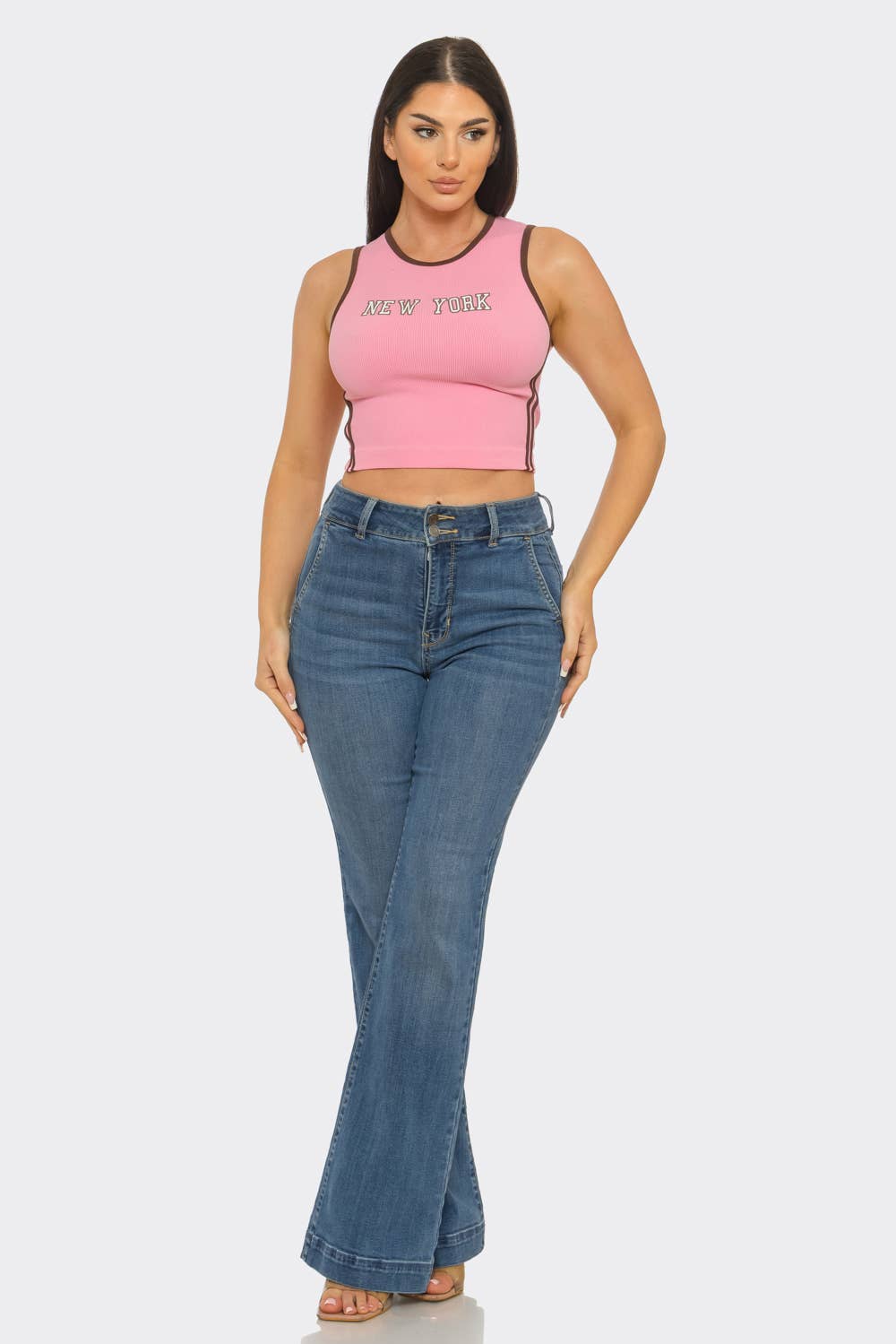 Seamless "New York" Screen Print Side Stripes Top