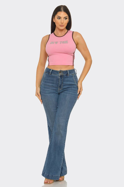 Seamless "New York" Screen Print Side Stripes Top