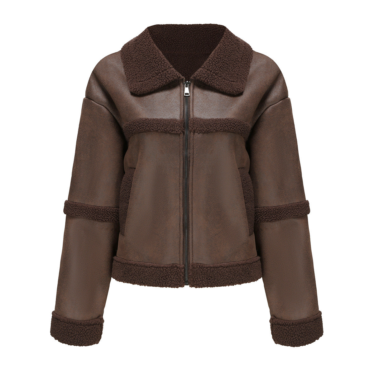 Women's brown faux shearling jacket with zip front and textured collar and cuffs