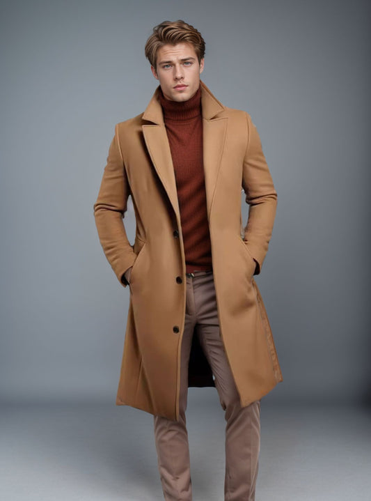 Men’s British Style Woolen Coat – Classic Winter Jacket, Straight Hem Mid-Length Coat with Polyester Lining