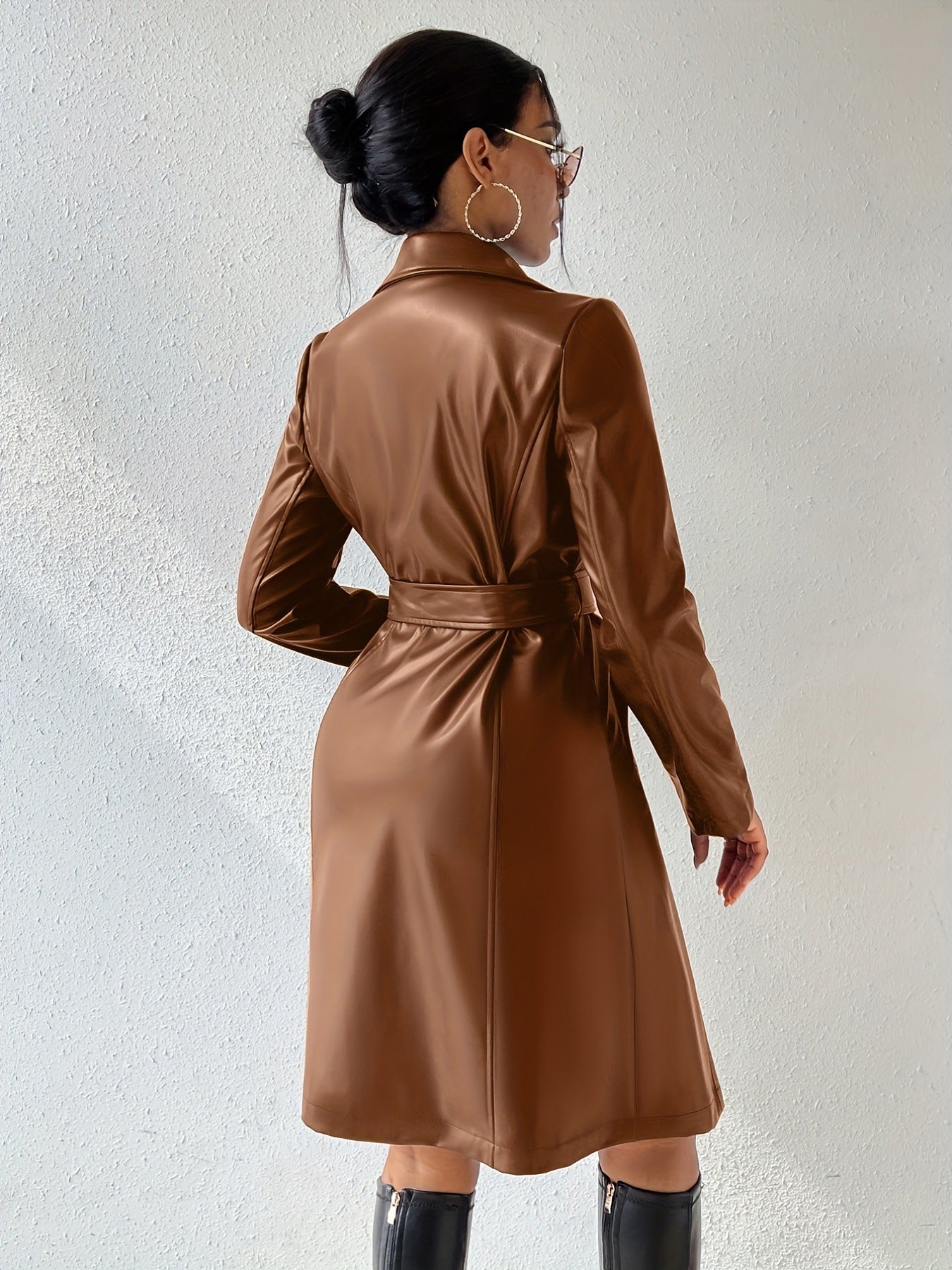 NEW Long Sleeve Lapel PU Leather Jacket With Pockets Slim Fit Long Trench Coat Women&