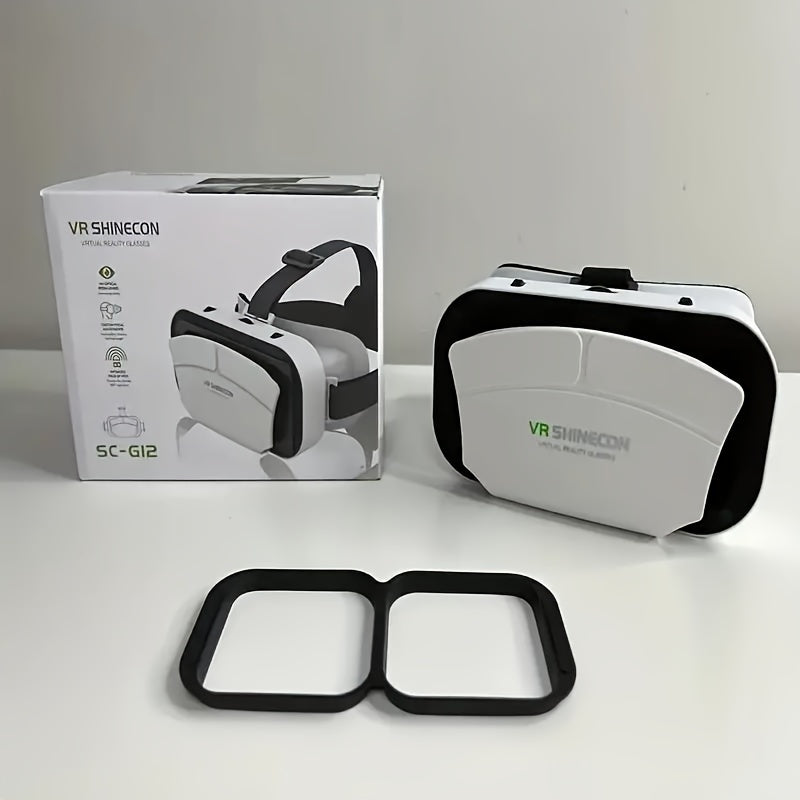White VR Shinecon SC-G12 virtual reality headset with black straps and packaging box on white surface