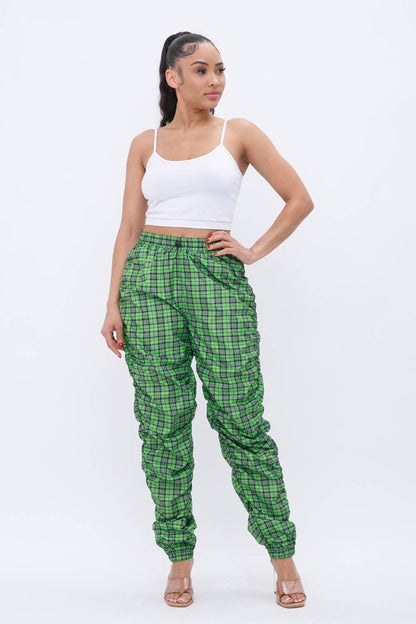 Plaid Print Wind Breaker Drawstring Shirring Jogger Pants